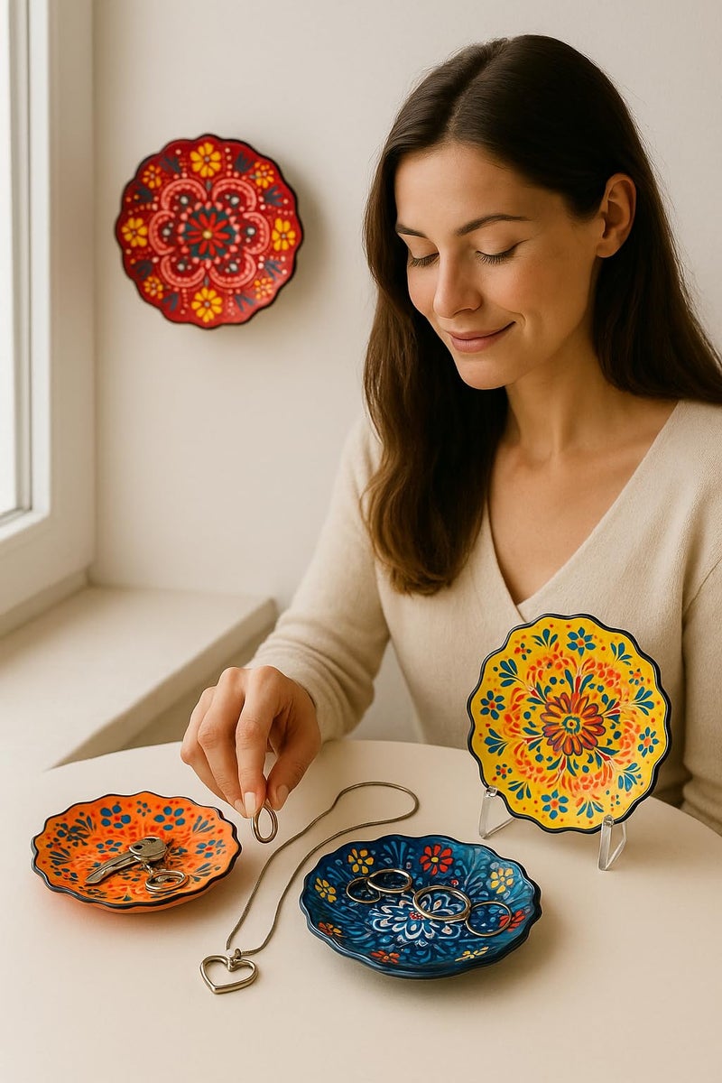 Ayennur 4-Piece 5-Inch Handmade Turkish Ceramic Plate Set â€“ Wall & Table Decor & Jewelry/Ring Dish â€“ Decorative Rings & Jewelry Tray Set - Image 5